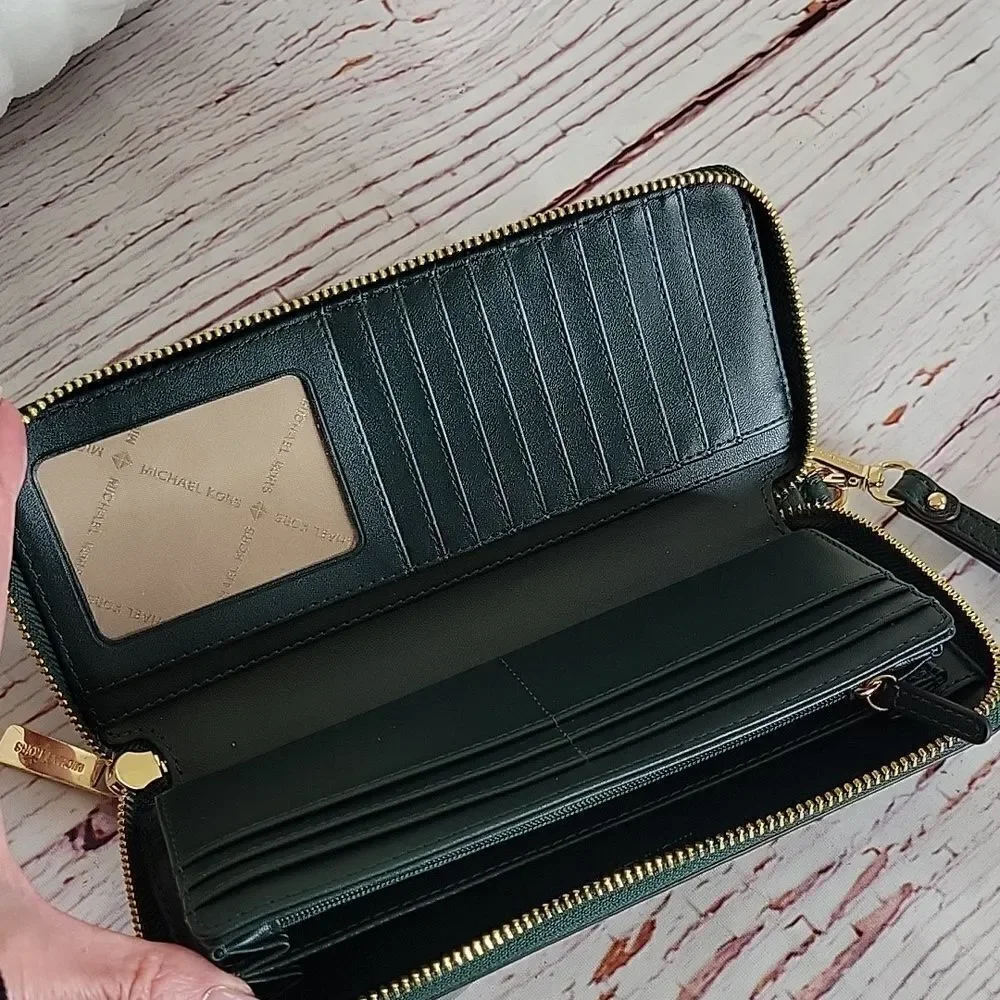 MICHAEL KORS Pebble Leather Spruce Green Wallet with Wristlet Strap - Picture 5 of 9